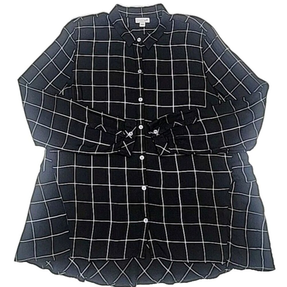 J. Jill Shirt Blouse Black Check Tunic Long Sleeve Women Size Large Button Rayon